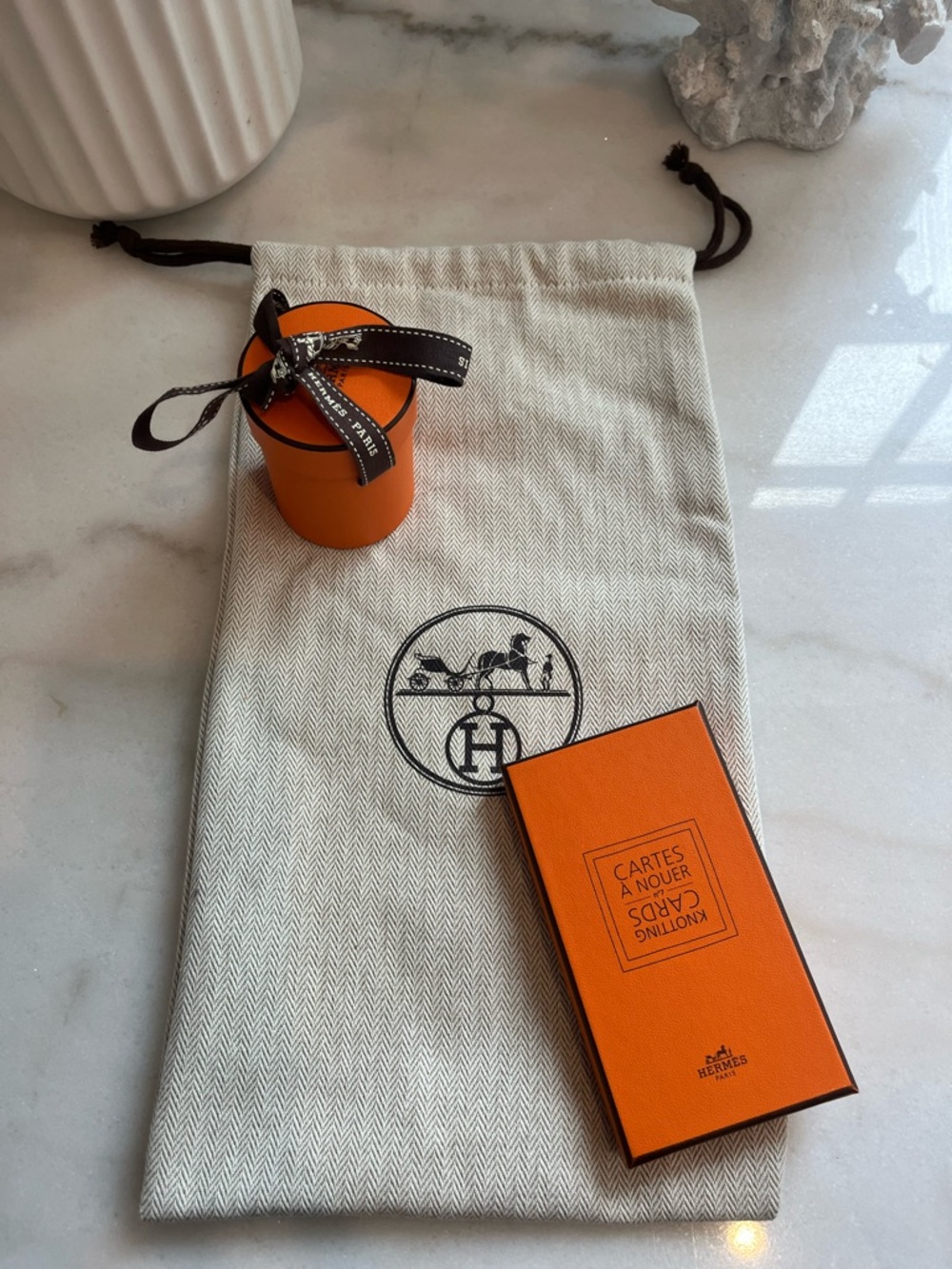 Hermes Orange Gift Pouch with Round Box and Card Case